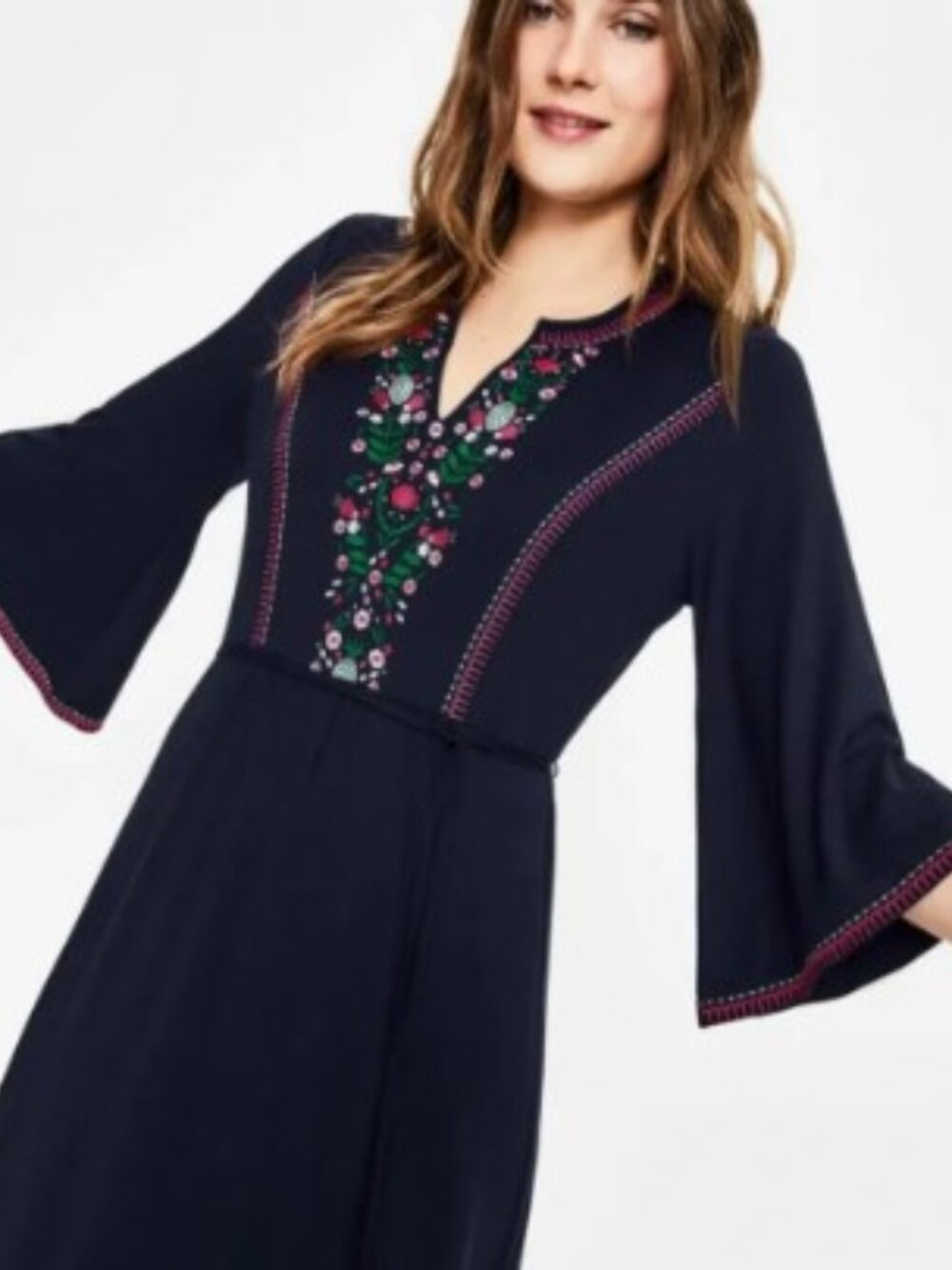 Boden Navy Midi Dress with Multicolor Floral Embroidery